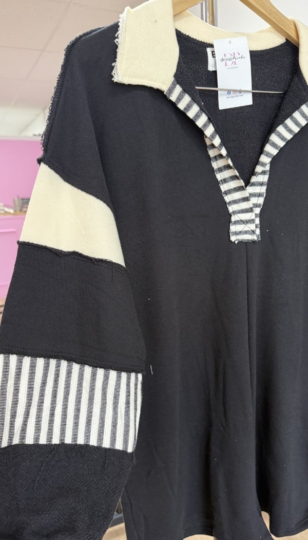 French Terry Color-Block Collared Loose Fit Romper
