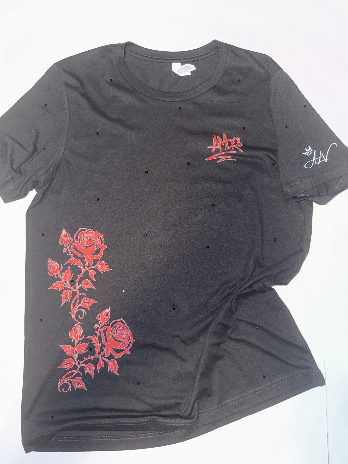 "Amor duele" Black rhinestone t-shirt