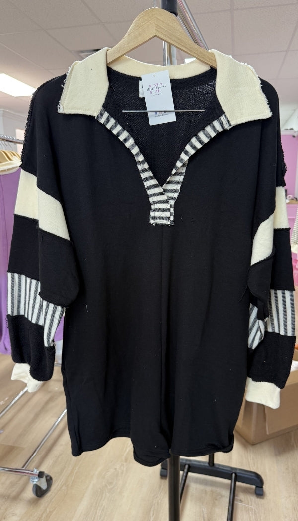 French Terry Color-Block Collared Loose Fit Romper