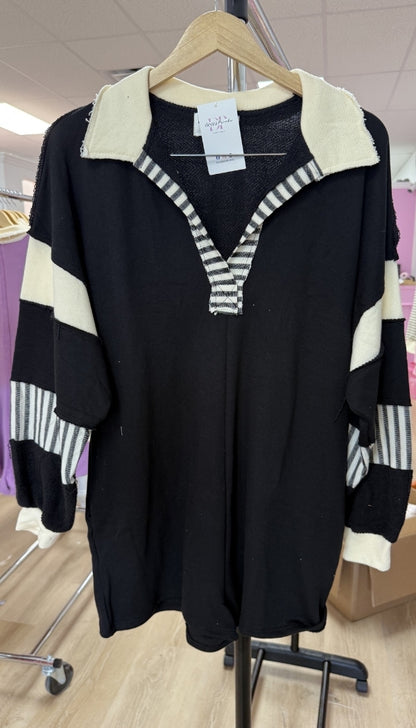 French Terry Color-Block Collared Loose Fit Romper