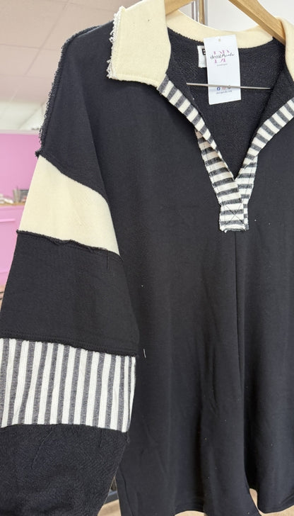 French Terry Color-Block Collared Loose Fit Romper