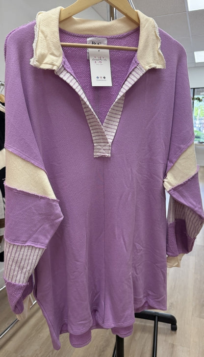 French Terry Color-Block Collared Loose Fit Romper
