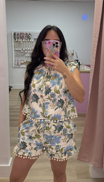 The Pom Pom - Blue Floral Shorts Set
