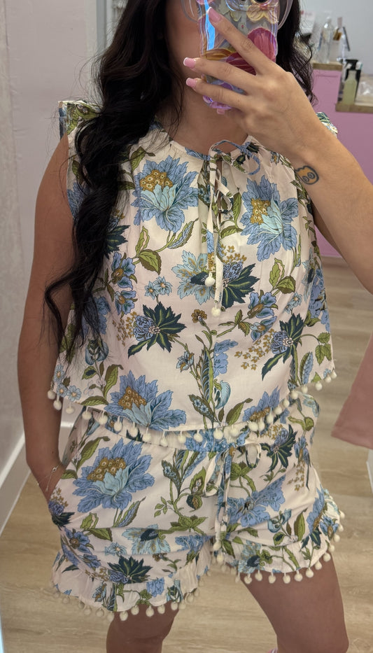 The Pom Pom - Blue Floral Shorts Set