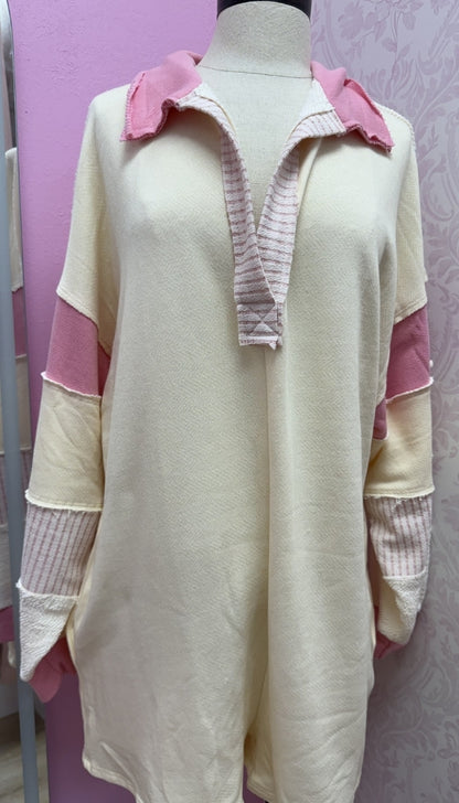French Terry Color-Block Collared Loose Fit Romper