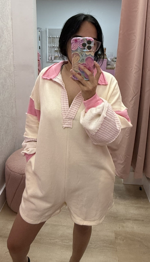 French Terry Color-Block Collared Loose Fit Romper
