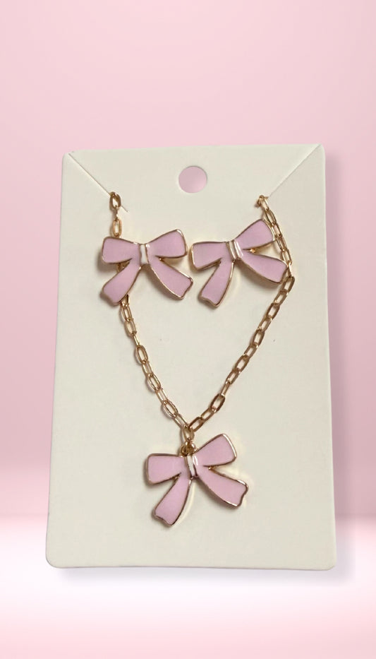 Pink Bow Bracelet & Earrings Set