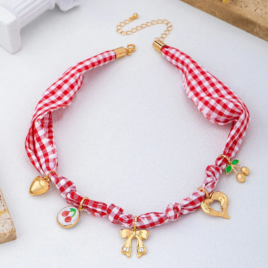 Red Gingham Scarf Charm Necklace