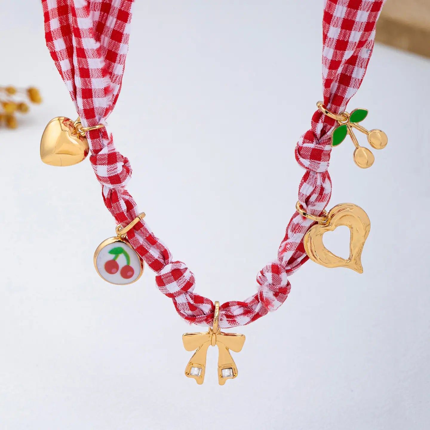 Red Gingham Scarf Charm Necklace